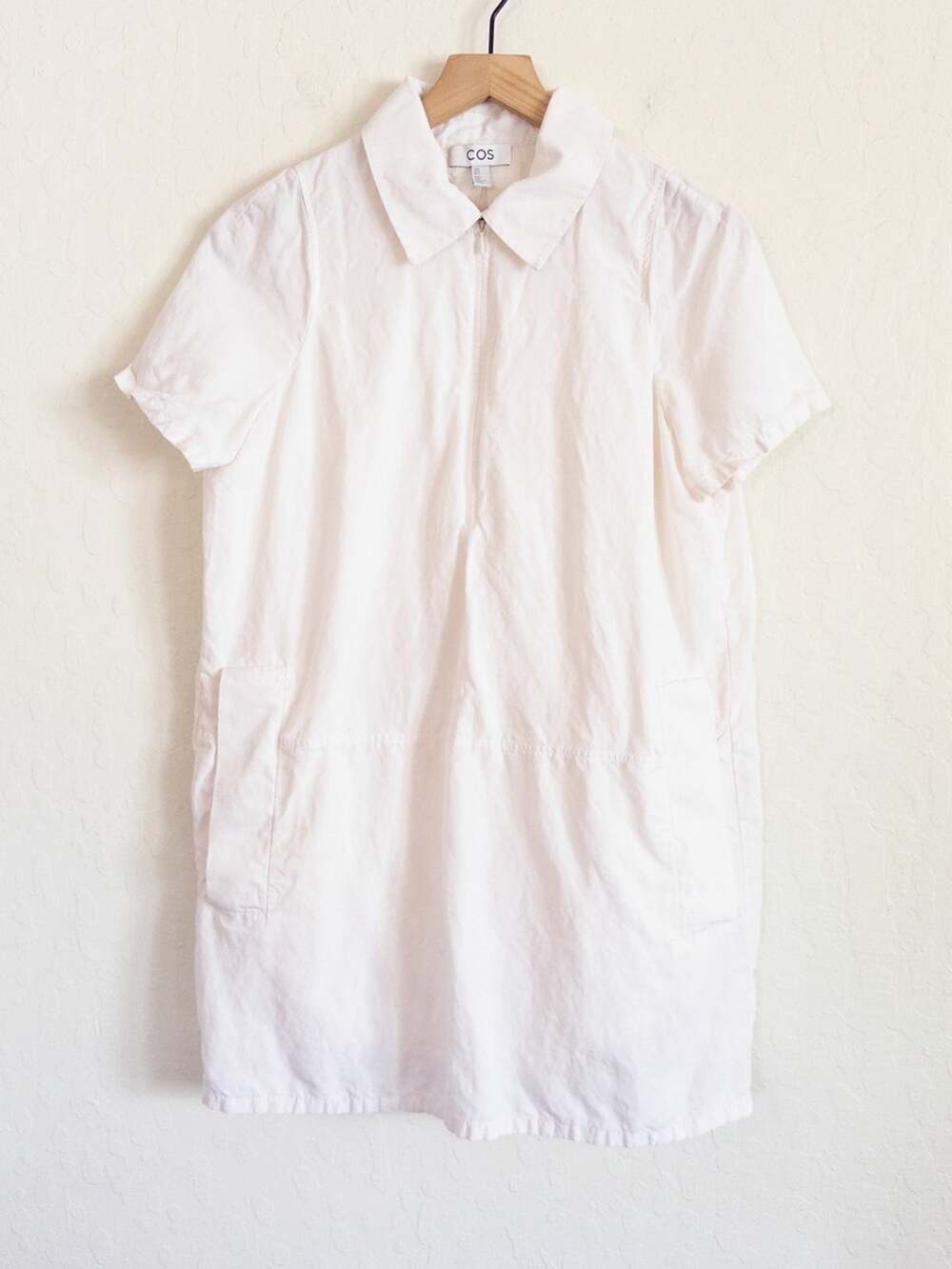 COS Linen Blend Short Sleeve 1/4 Zip Mini Shirt Dress Size 10 White Minimalist